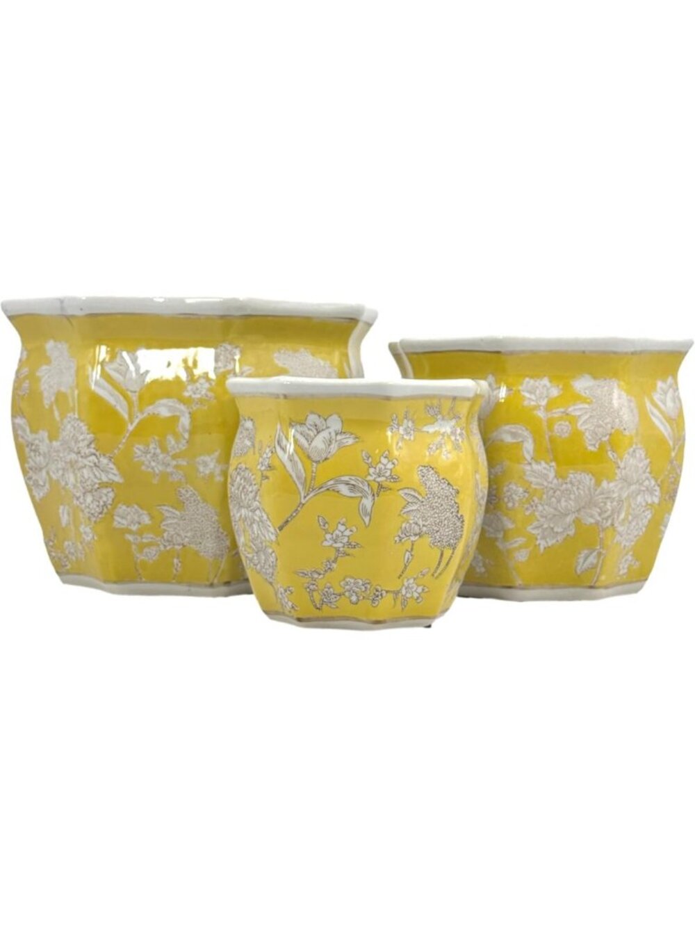 Floral Ceramic Planter Pot Set of 3 - Yellow & White Round Garden Pots (7.5